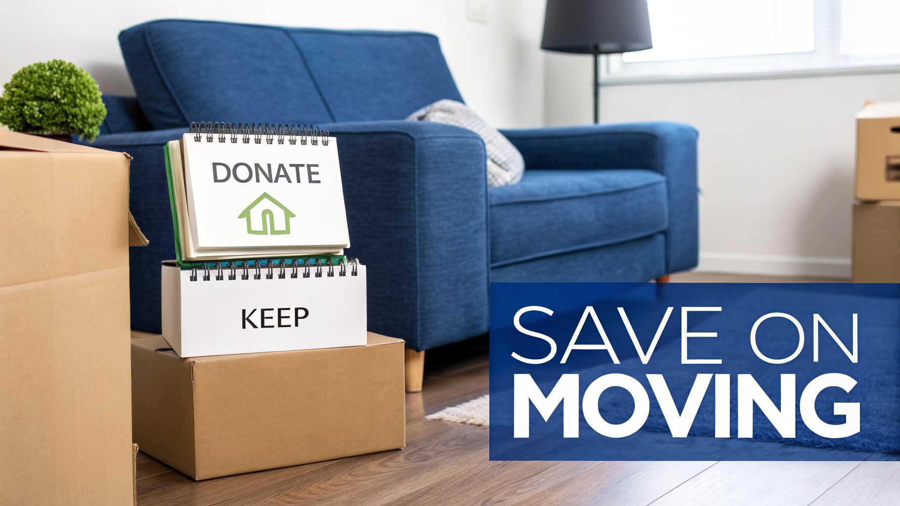 A room with moving boxes, a blue couch, and notepads labeled 'DONATE' and 'KEEP', with text 'SAVE ON MOVING'.
