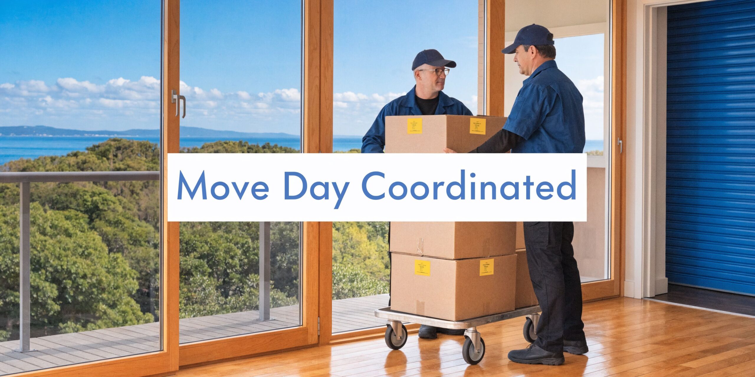 Two professional removalists in blue uniforms carefully moving cardboard boxes on a dolly in a modern apartment.