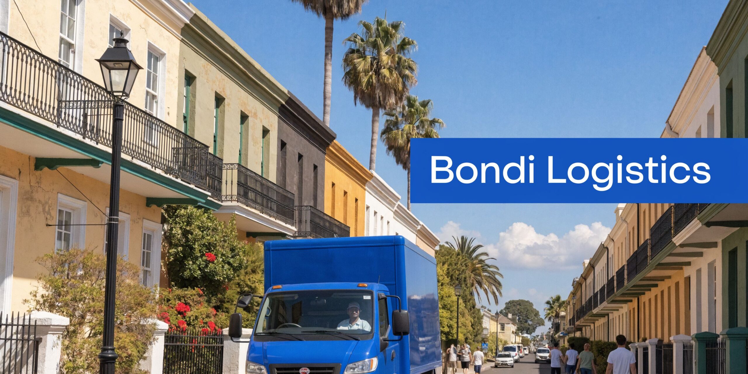 A blue Bondi Logistics removalist truck drives down a sunny street lined with colorful historic terrace houses.
