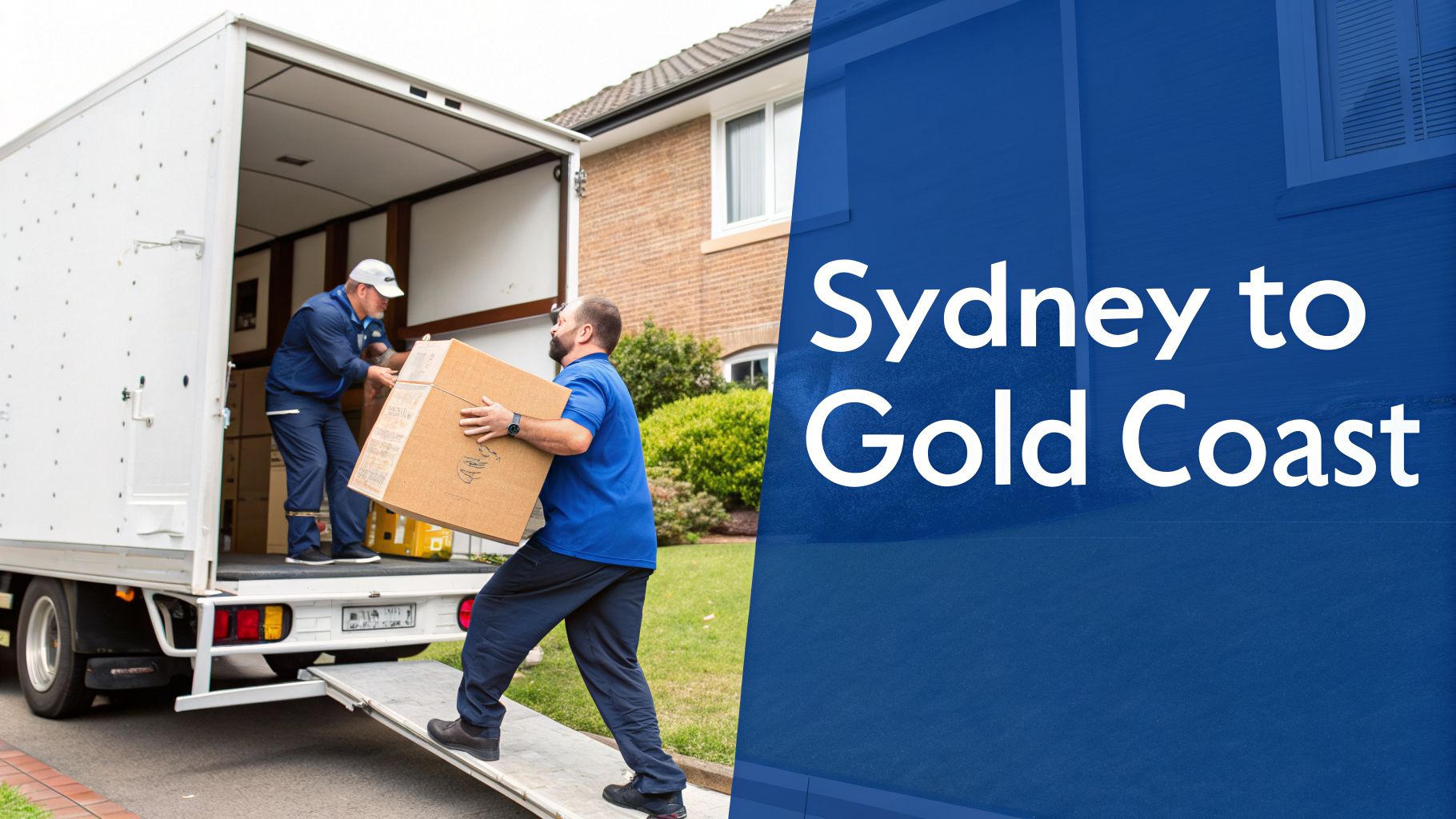 Two professional removalists are loading cardboard boxes onto a white moving truck using a ramp.