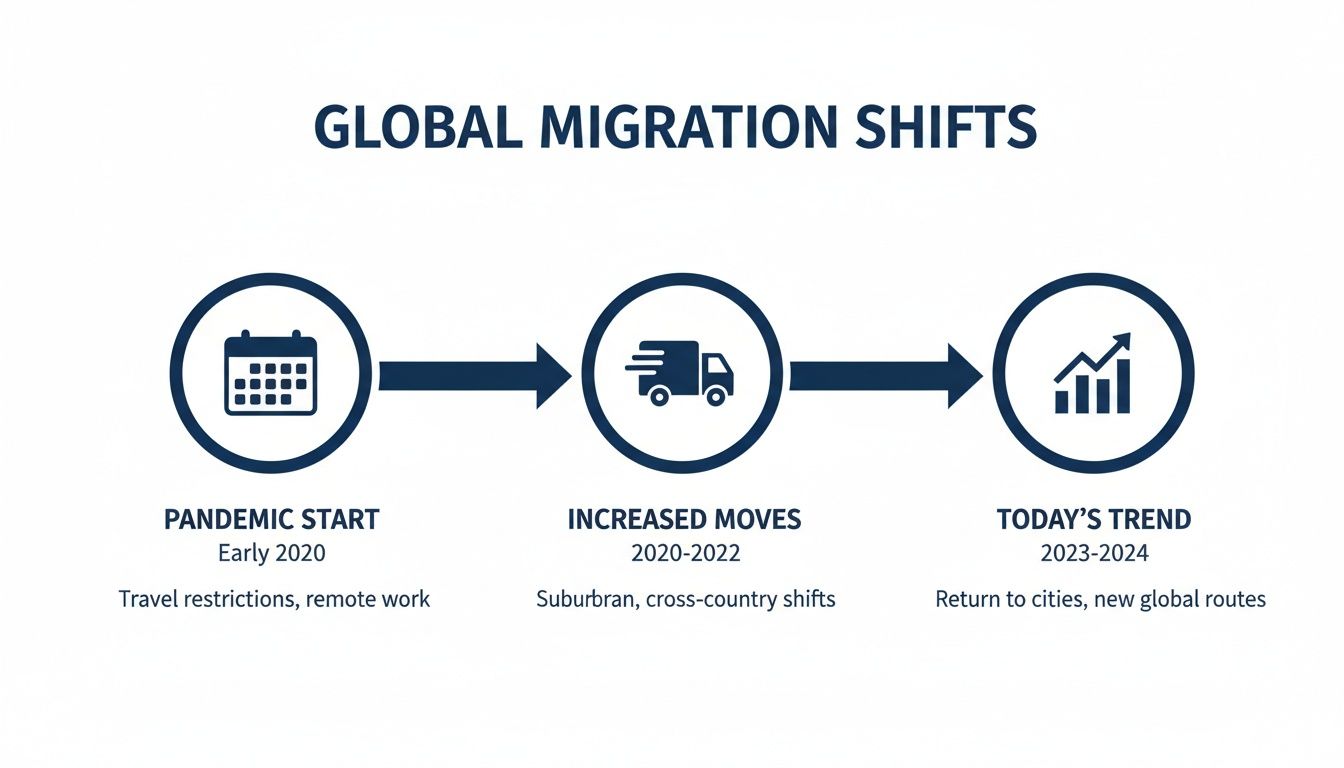 A timeline illustrating global migration shifts from the pandemic's start to today's trends.