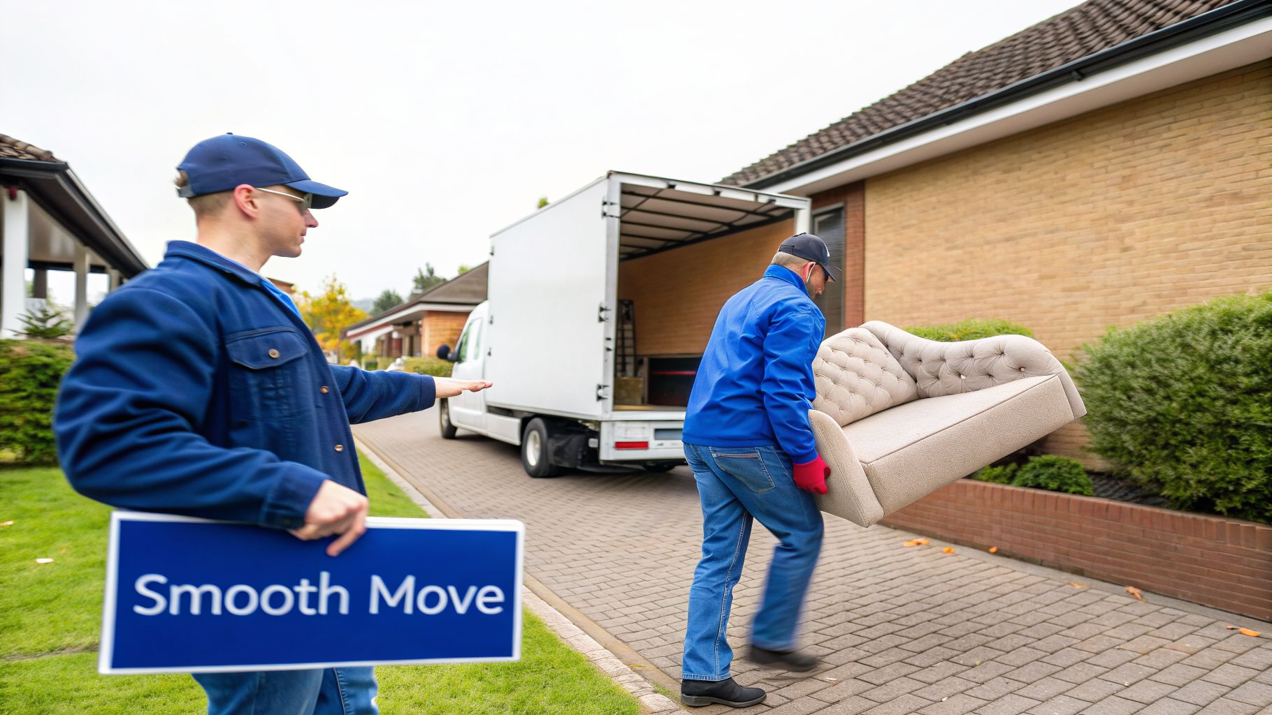 Two movers transport a sofa to a white moving truck, one holding a "Smooth Move" sign.