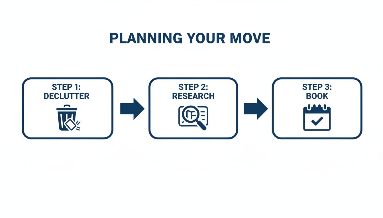A three-step infographic outlining the process of planning a move: Declutter, Research, and Book.