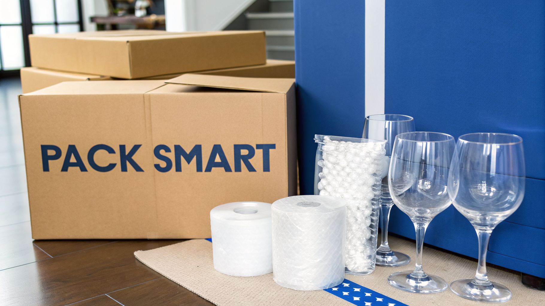 Moving day essentials: cardboard boxes, packing materials, and wine glasses ready for packing.