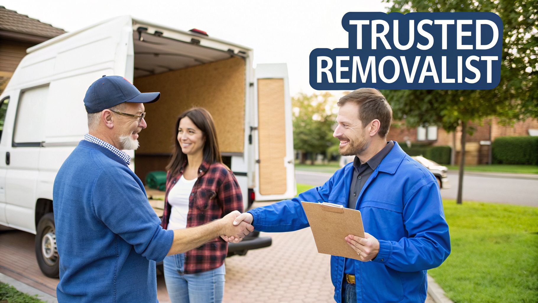 Two men shake hands in front of a white moving van with a woman smiling, indicating a trusted removalist service.