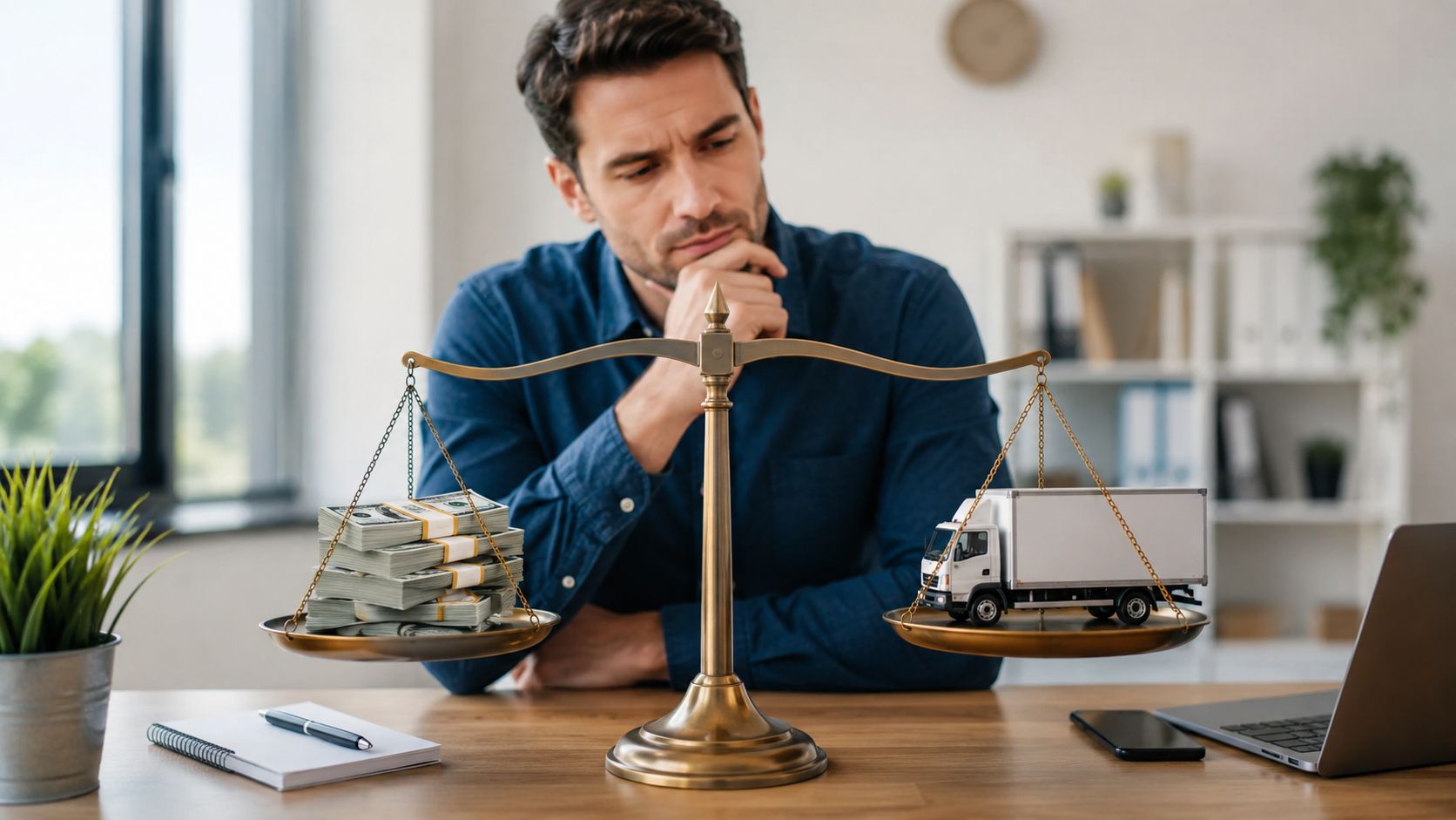 A businessman contemplating the financial trade-off between hiring professional removalists and performing a self move.