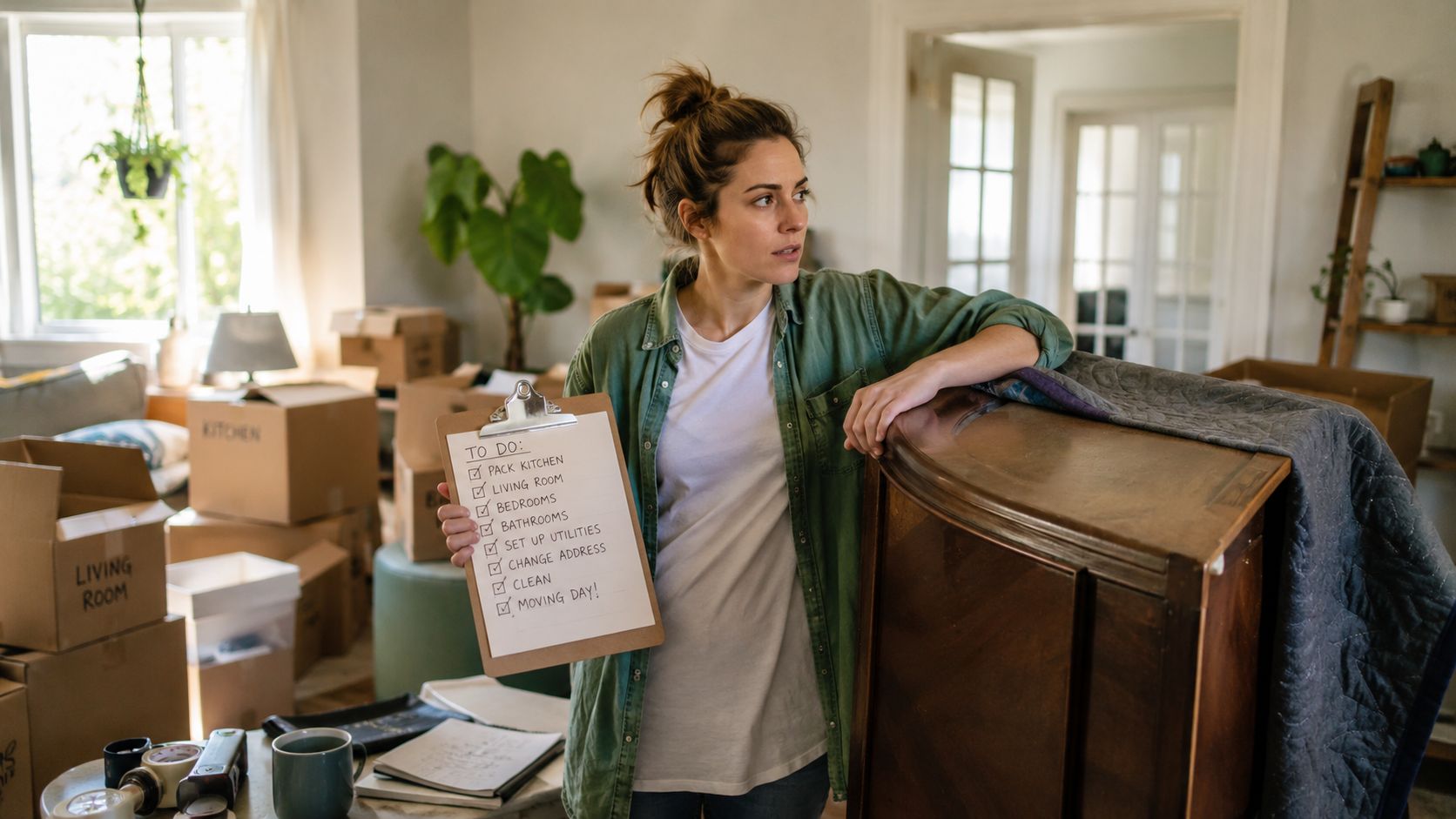 A woman holding a checklist while packing belongings for a move in a box-filled room.