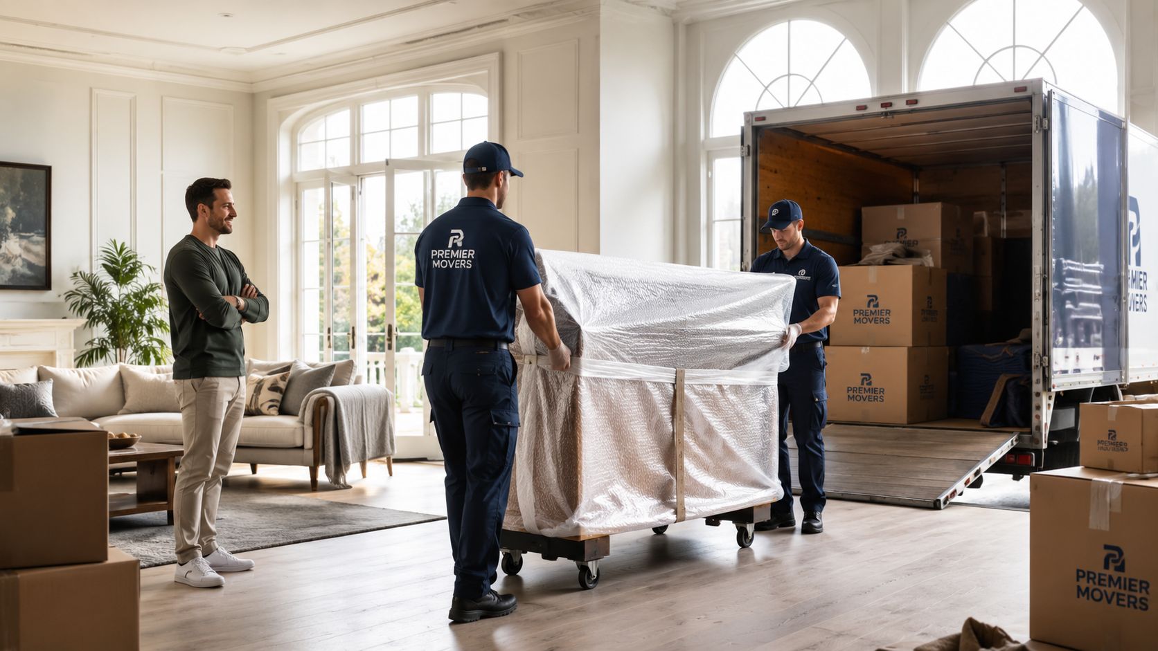 Two professional movers in uniform transport a wrapped furniture item as a client observes in a house.