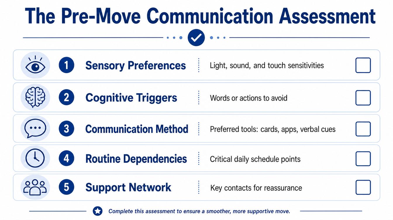 A checklist titled The Pre-Move Communication Assessment featuring five categories to help support individuals during moving.