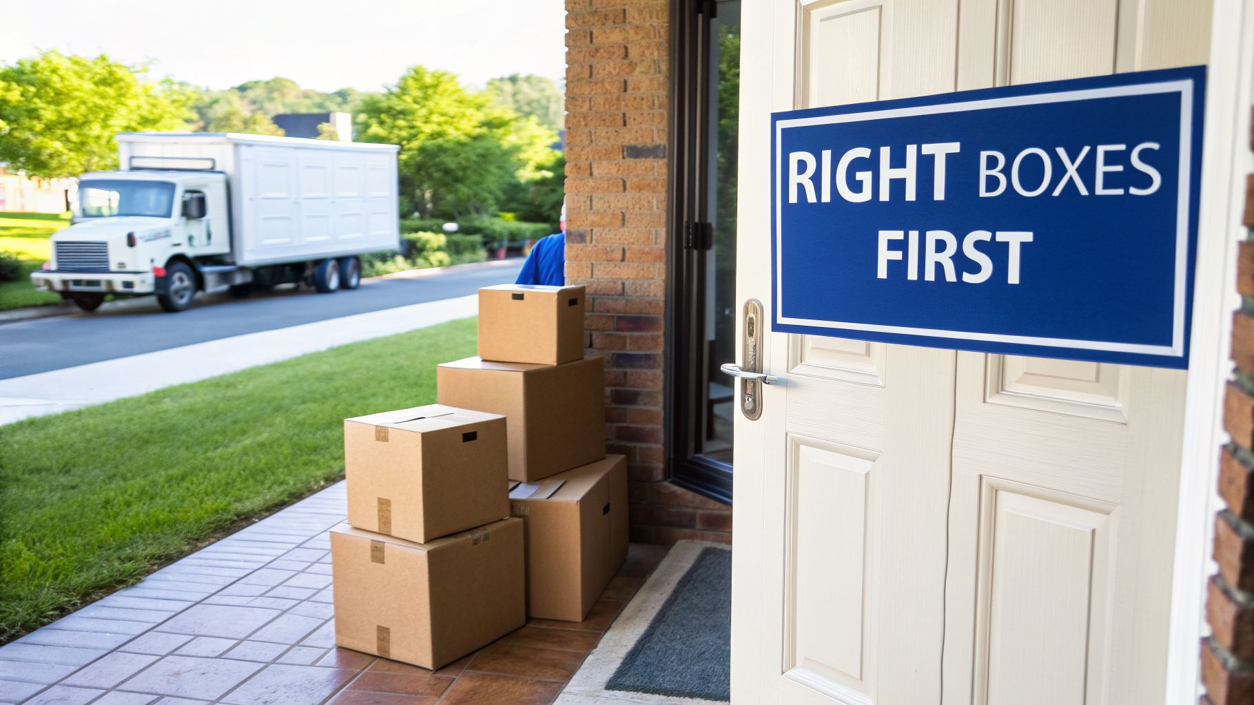 Cardboard moving boxes stacked on a porch with a delivery truck and a 'RIGHT BOXES FIRST' sign.
