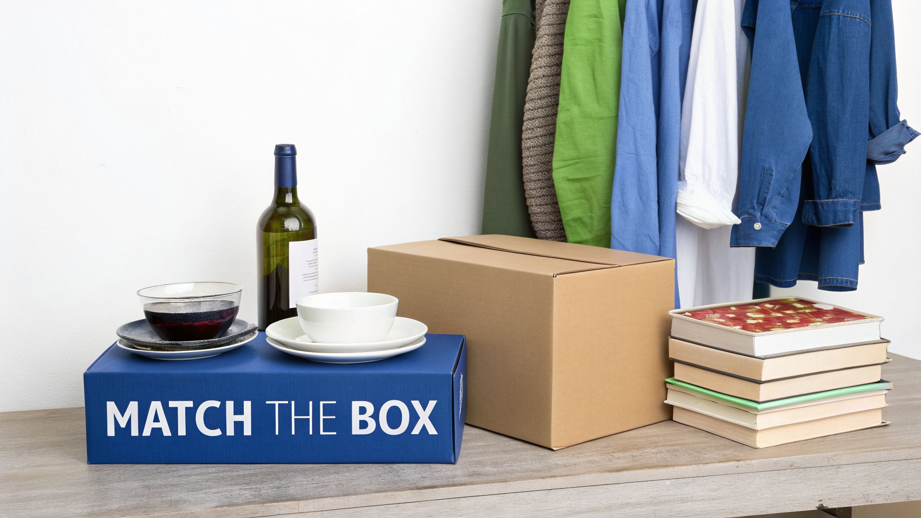 Moving day scene with storage boxes, a wine bottle, dishes, books, and clothes.