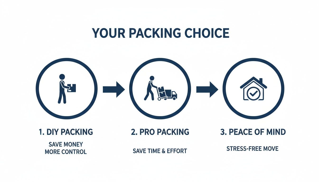 Diagram illustrating DIY and professional packing choices leading to a stress-free move.