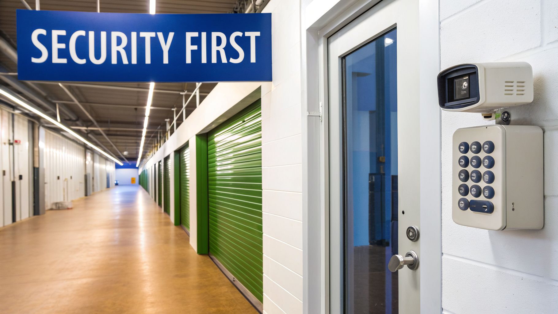 An empty self-storage facility hallway with a 'SECURITY FIRST' sign, green units, and an access control system.
