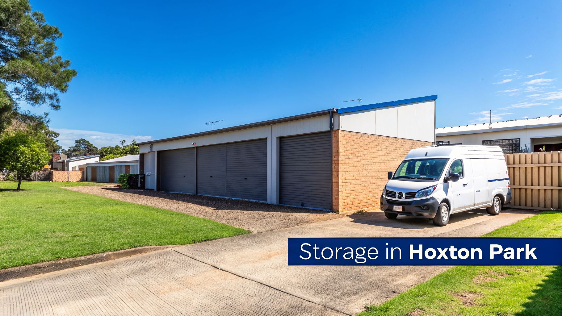 Multiple outdoor self-storage units with gray doors, a white van, grass, and a bright blue sky.