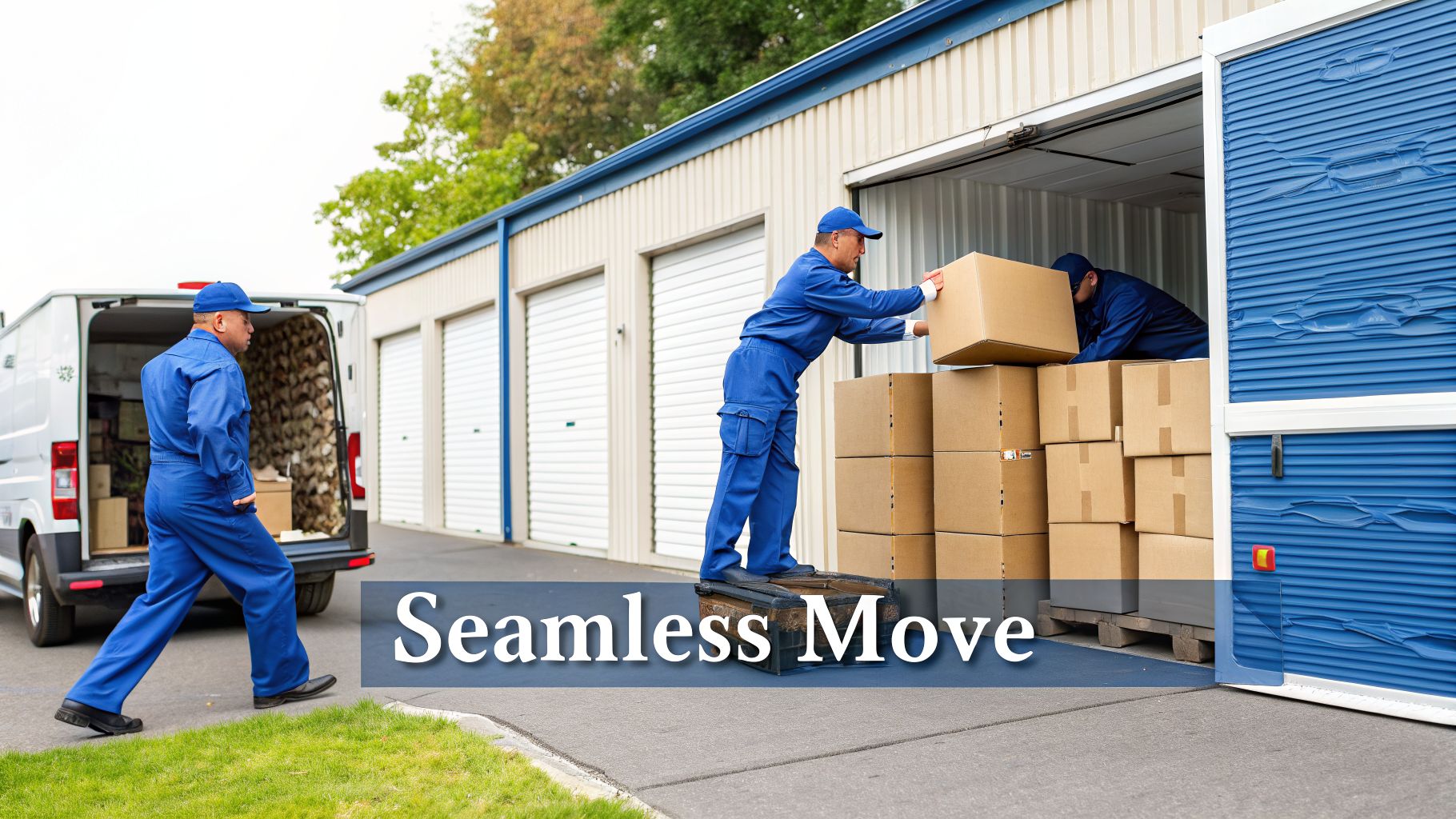 Professional movers handling cardboard boxes during a storage facility transfer.