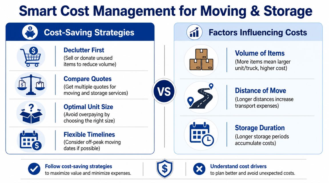 An infographic titled Smart Cost Management for Moving and Storage outlining cost-saving strategies versus cost factors.
