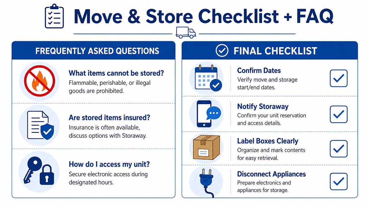 A helpful infographic featuring a move and store checklist with frequently asked questions for storage units.