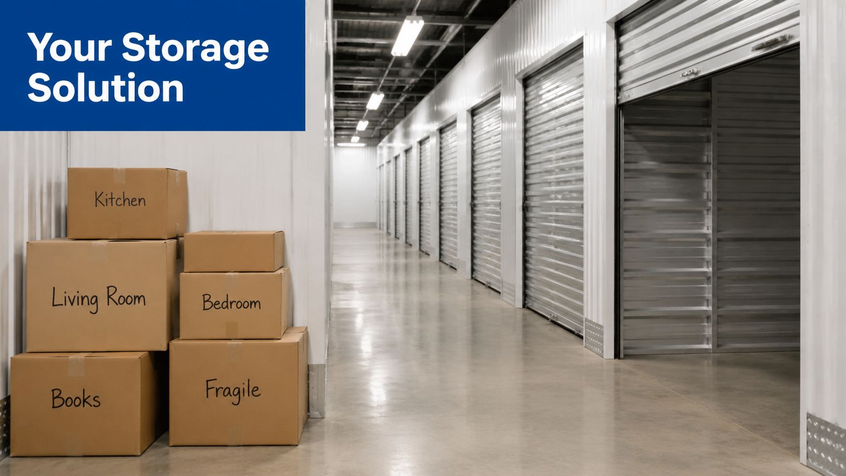 A stack of cardboard moving boxes labeled by room in a brightly lit self storage facility hallway.