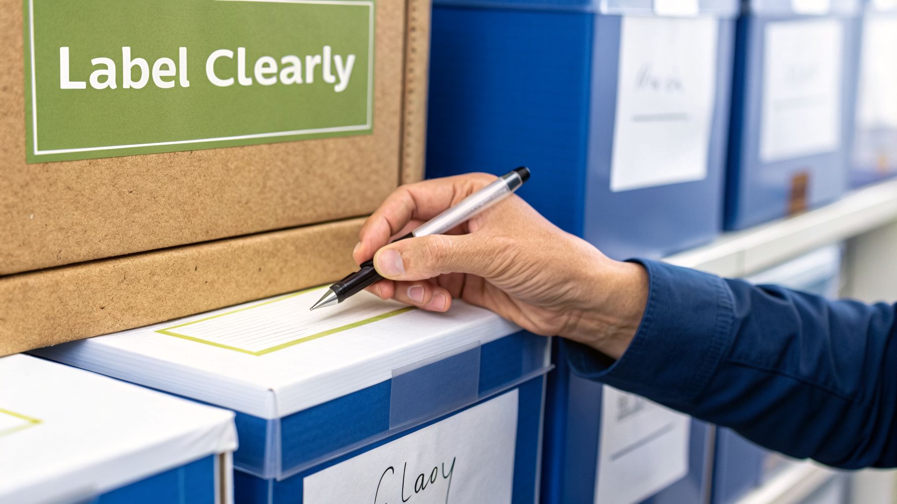 A person clearly labels storage boxes on a shelf for efficient organization.