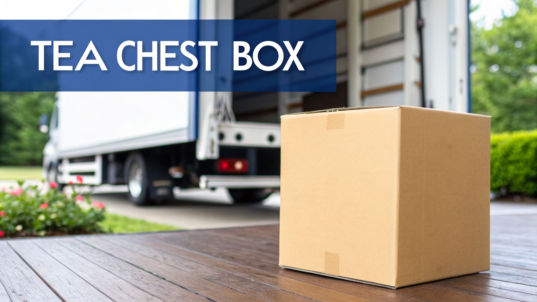 A brown cardboard tea chest box sits on a wooden deck with a moving truck blurred in the background.