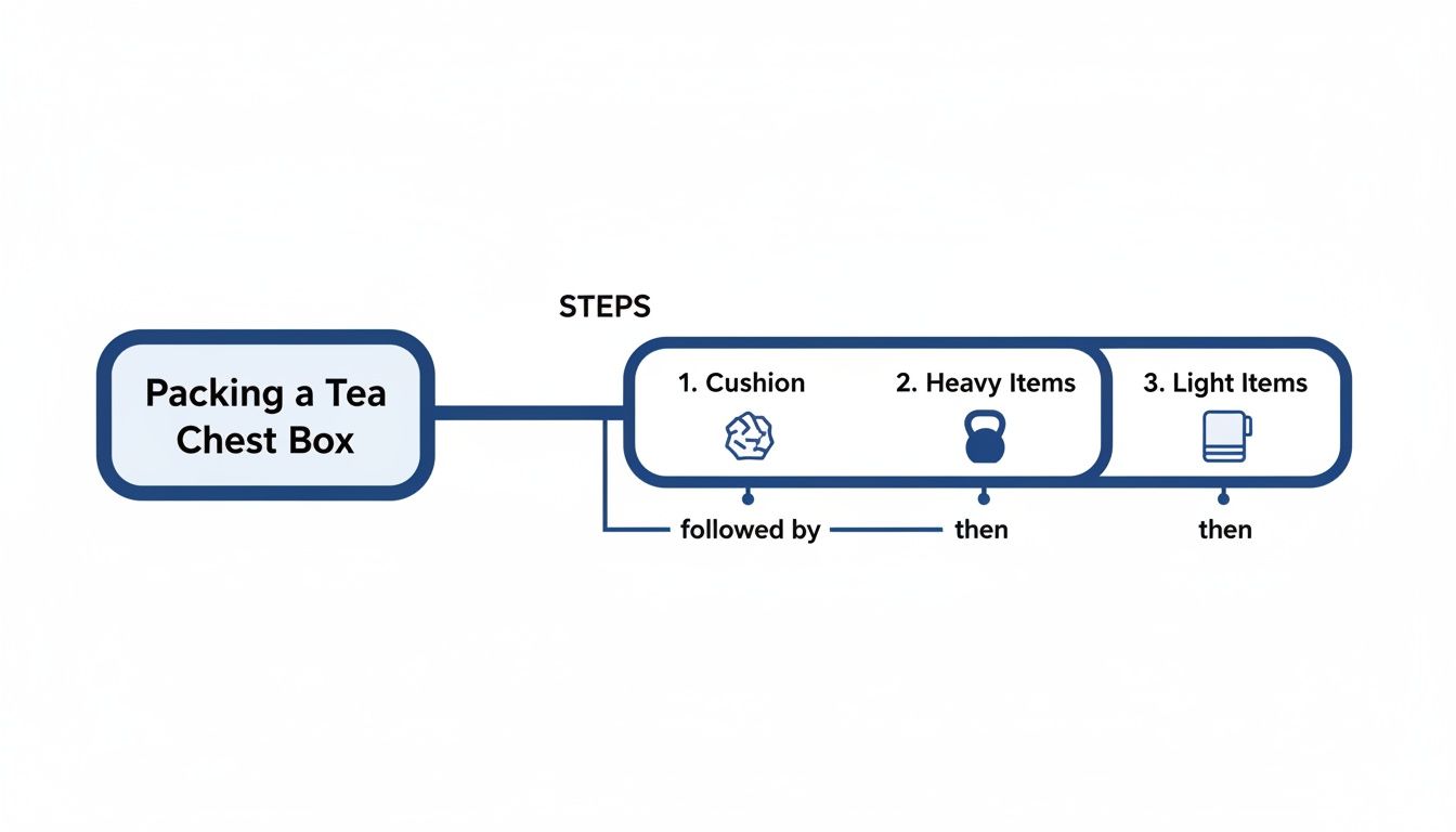 A flowchart showing three steps for packing a tea chest box: 1. Cushion, 2. Heavy Items, 3. Light Items.