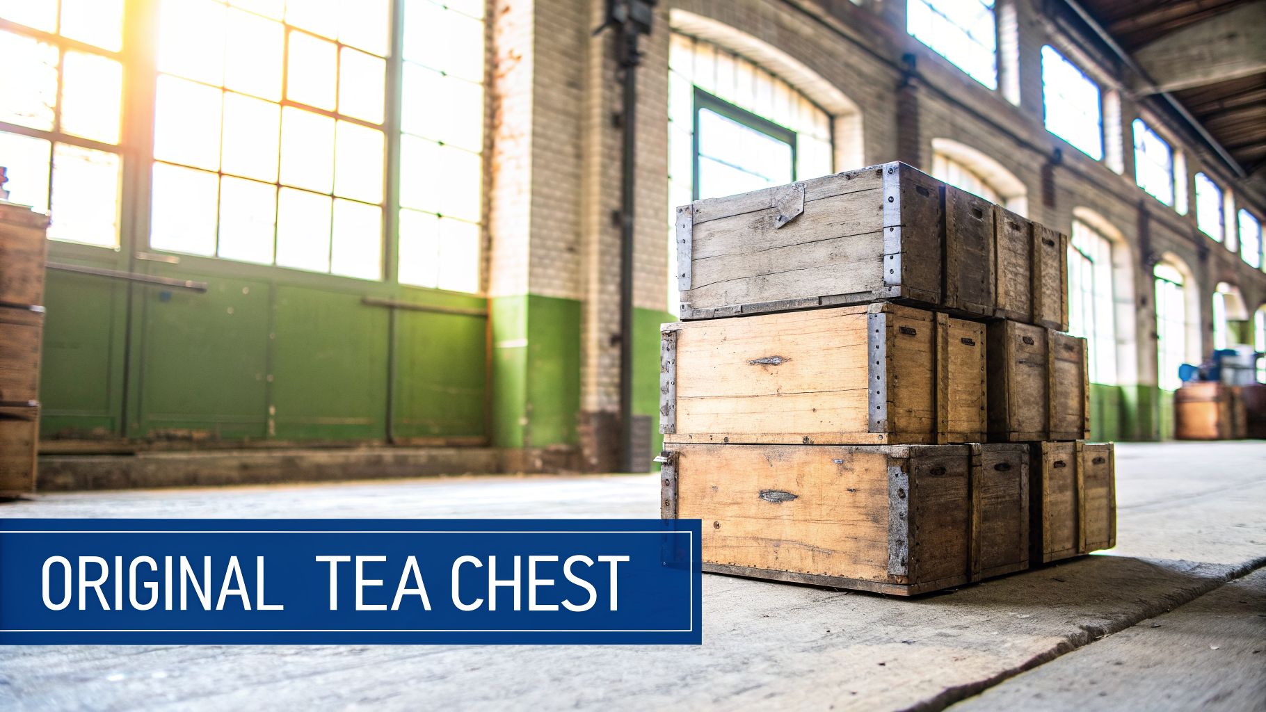 Stacks of old wooden tea chests in a bright, sunlit industrial warehouse with large windows.