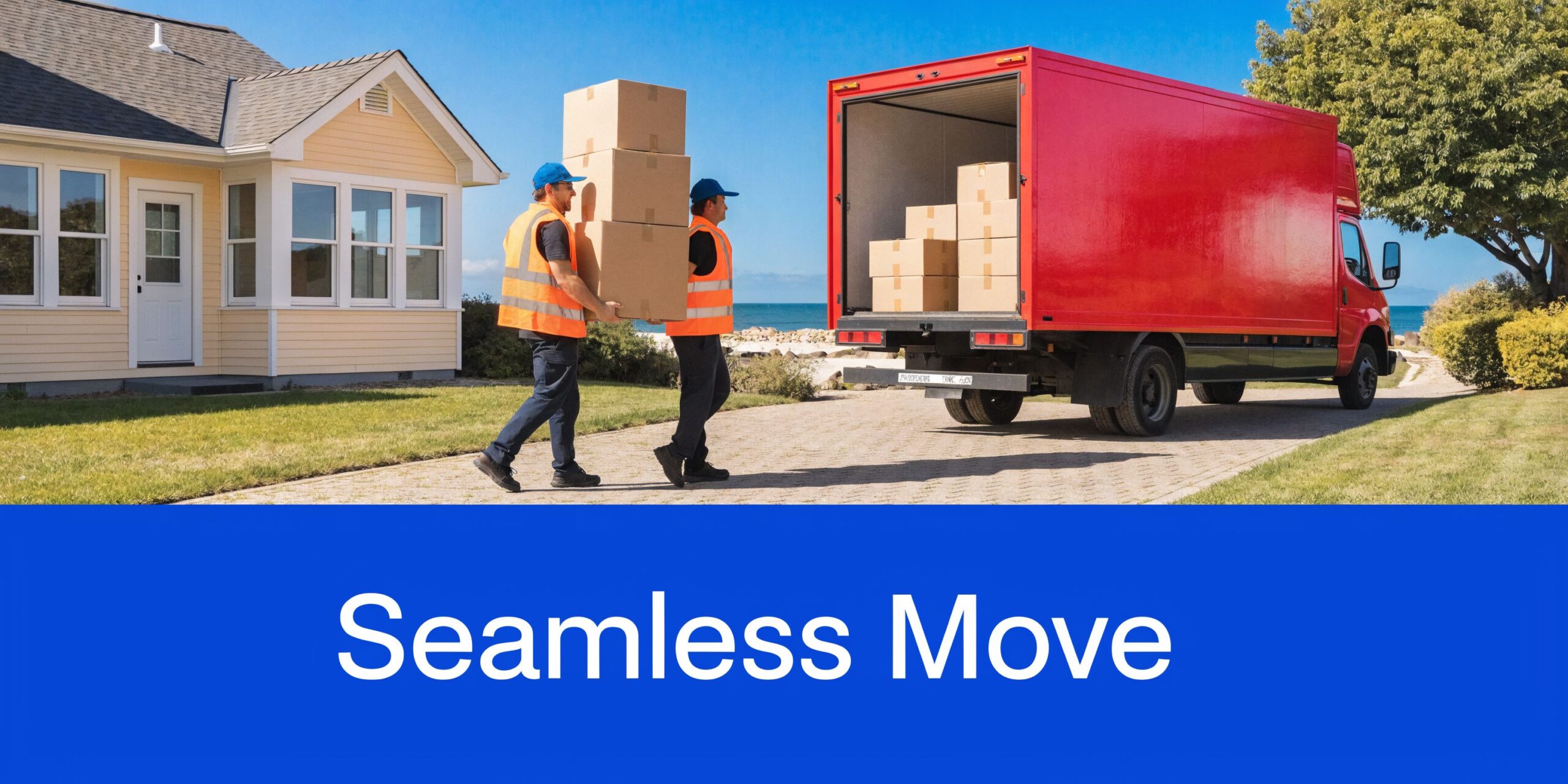 Two professional movers in orange vests carrying stacked cardboard boxes towards a red moving truck near house.