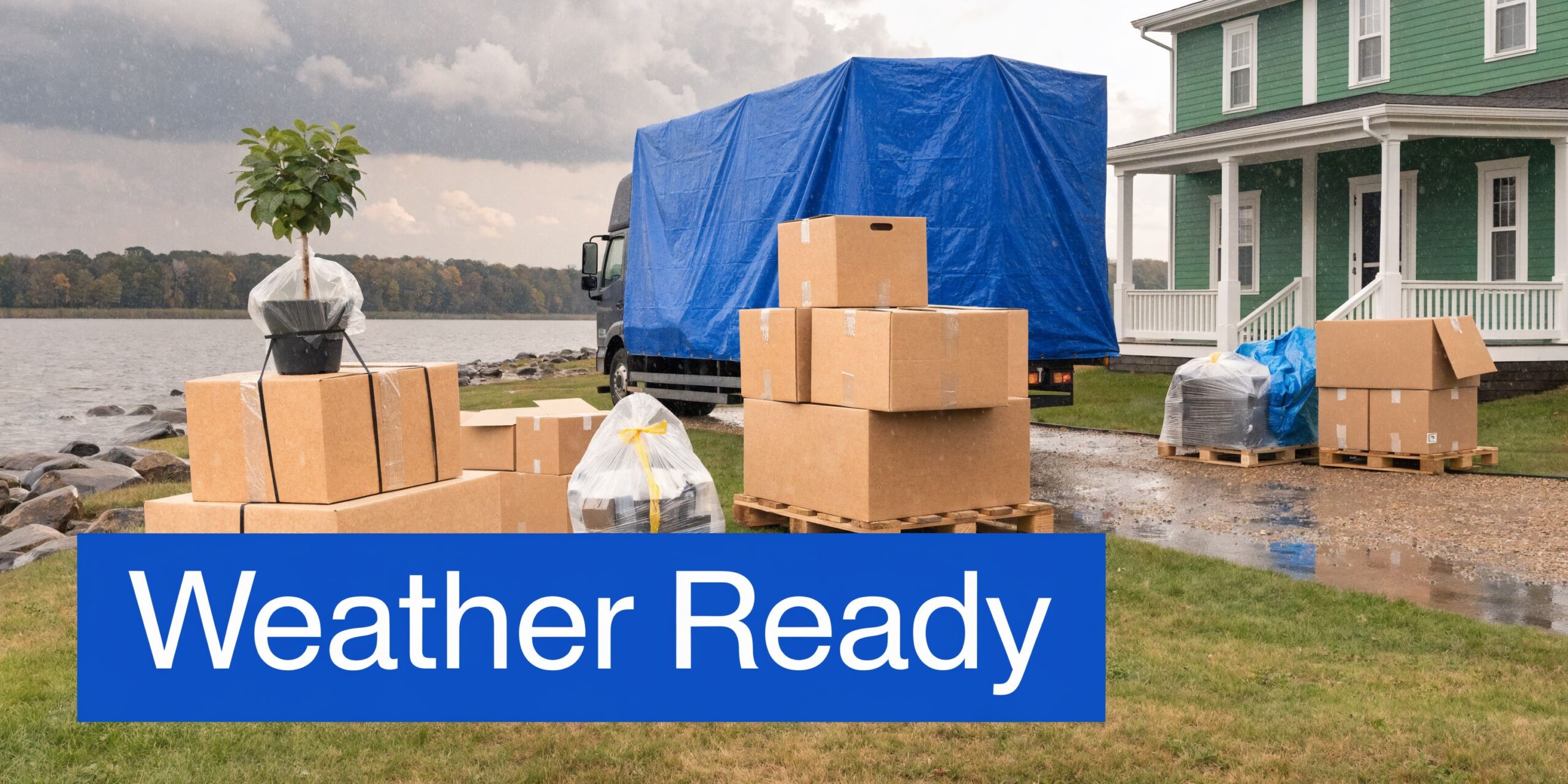A moving truck with a blue tarp parked near a house with boxes and a plant