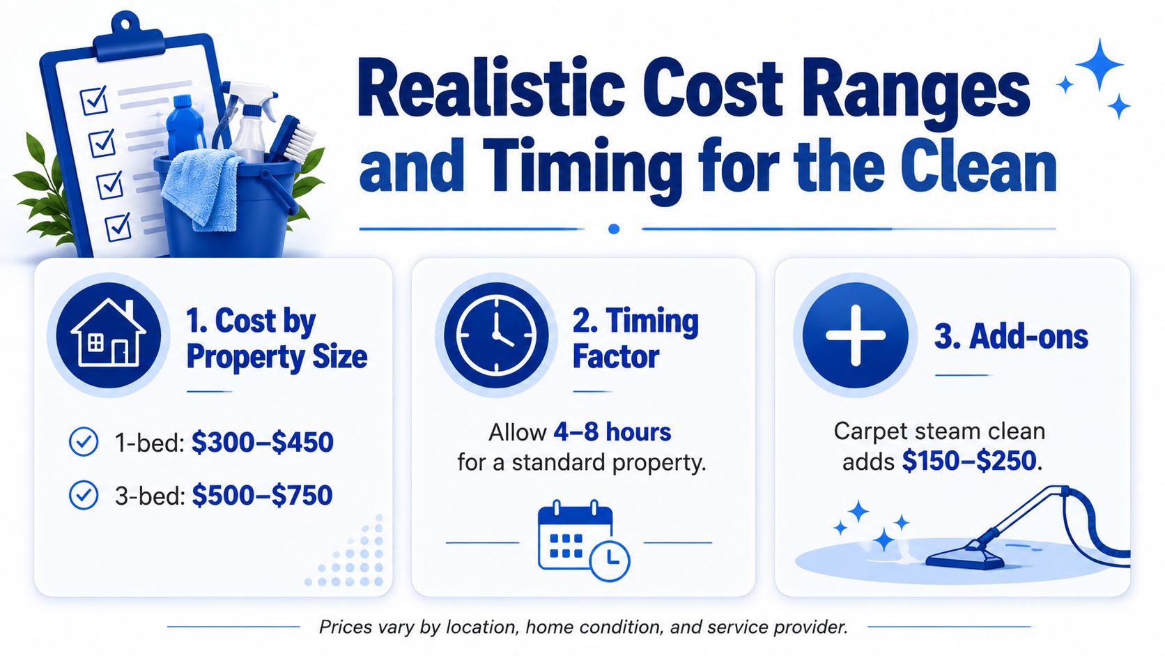 An infographic showing realistic cost ranges and time estimates for professional vacate cleaning services by property size.