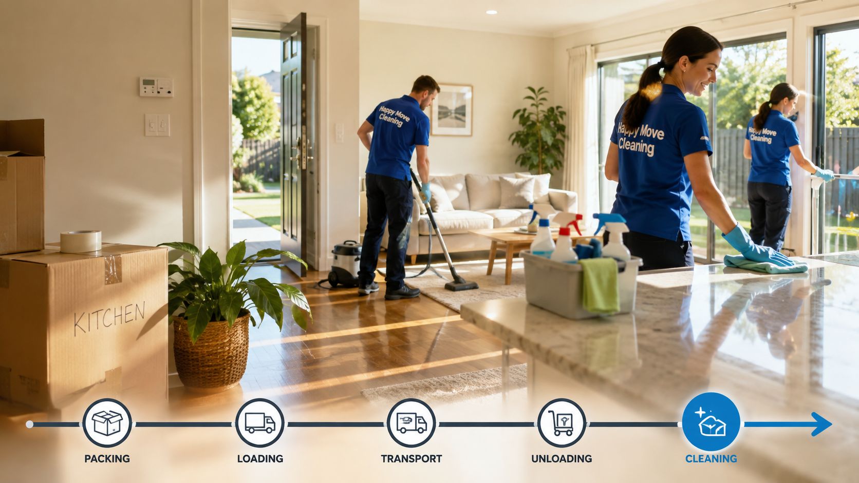 A professional cleaning crew wearing branded uniforms cleaning a bright, modern house during a moving process.