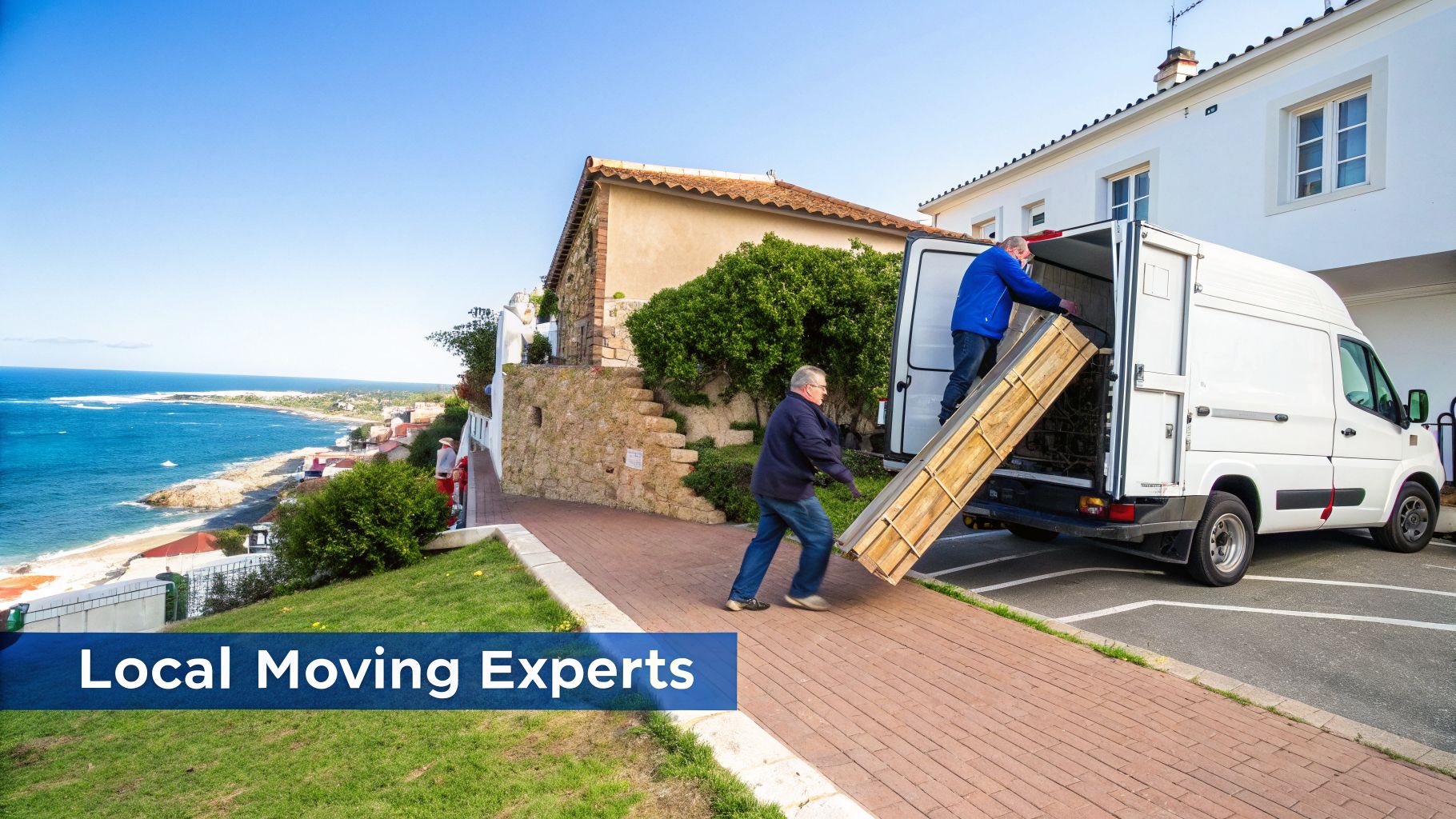 Two men load a large wooden item into a white moving van on a coastal street, with 'Local Moving Experts' text.
