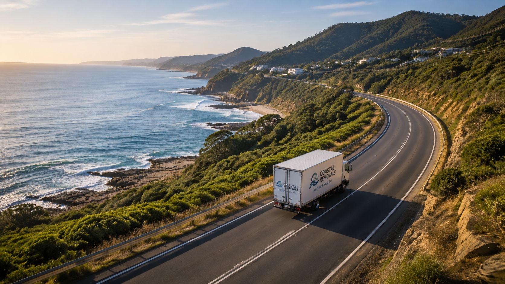 A commercial moving truck drives along a scenic coastal highway overlooking the ocean during a sunny day.