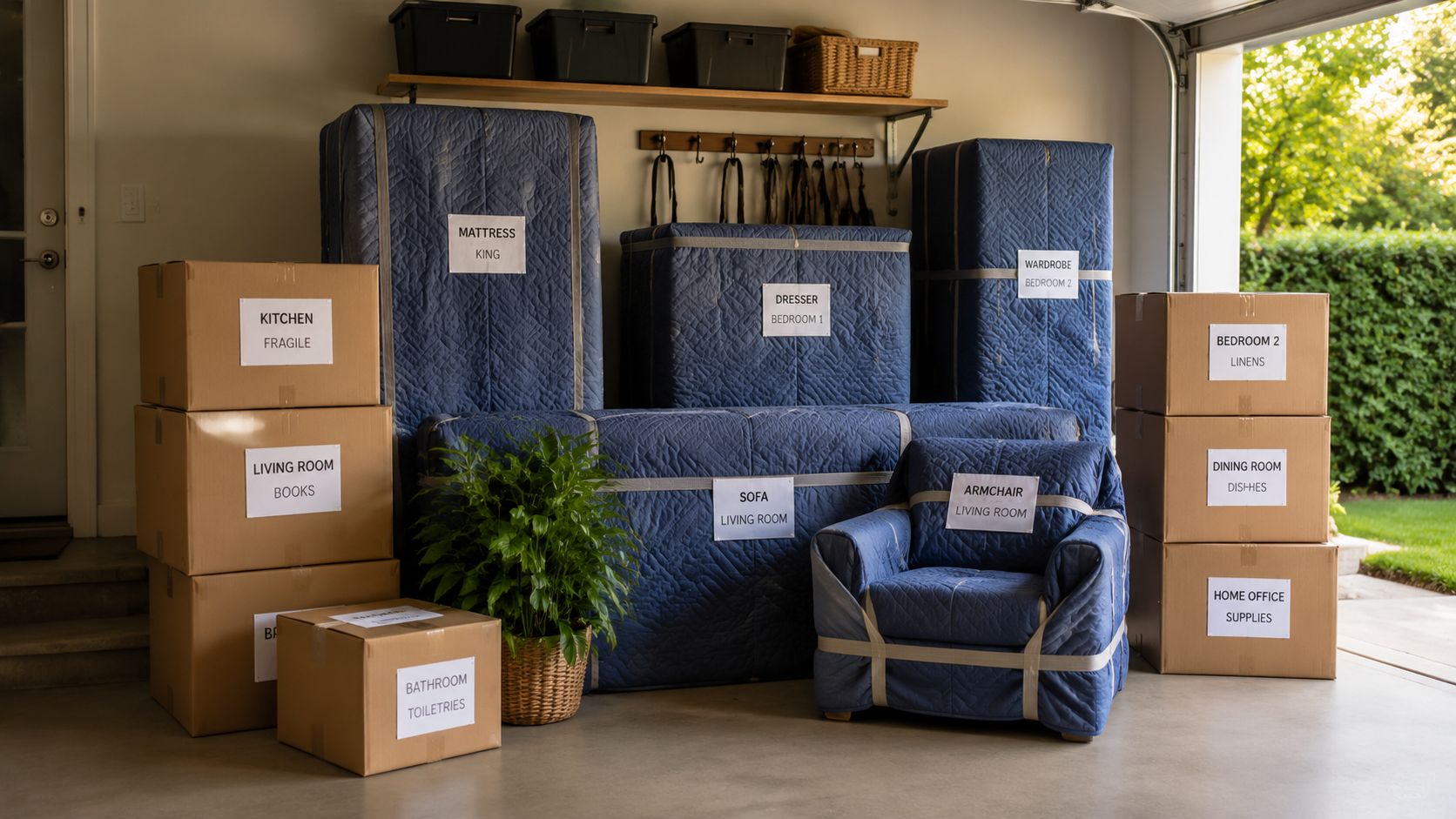 Cardboard moving boxes and furniture wrapped in protective blue blankets prepared for a residential move in a garage.