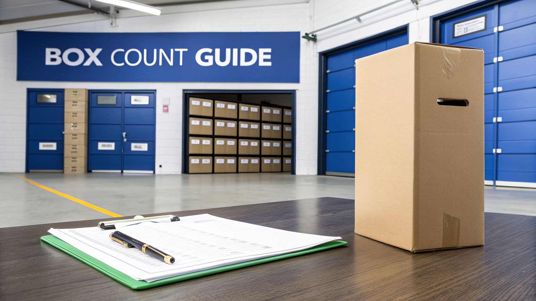 Interior of a warehouse with a "BOX COUNT GUIDE" banner, blue doors, a box, and a clipboard.