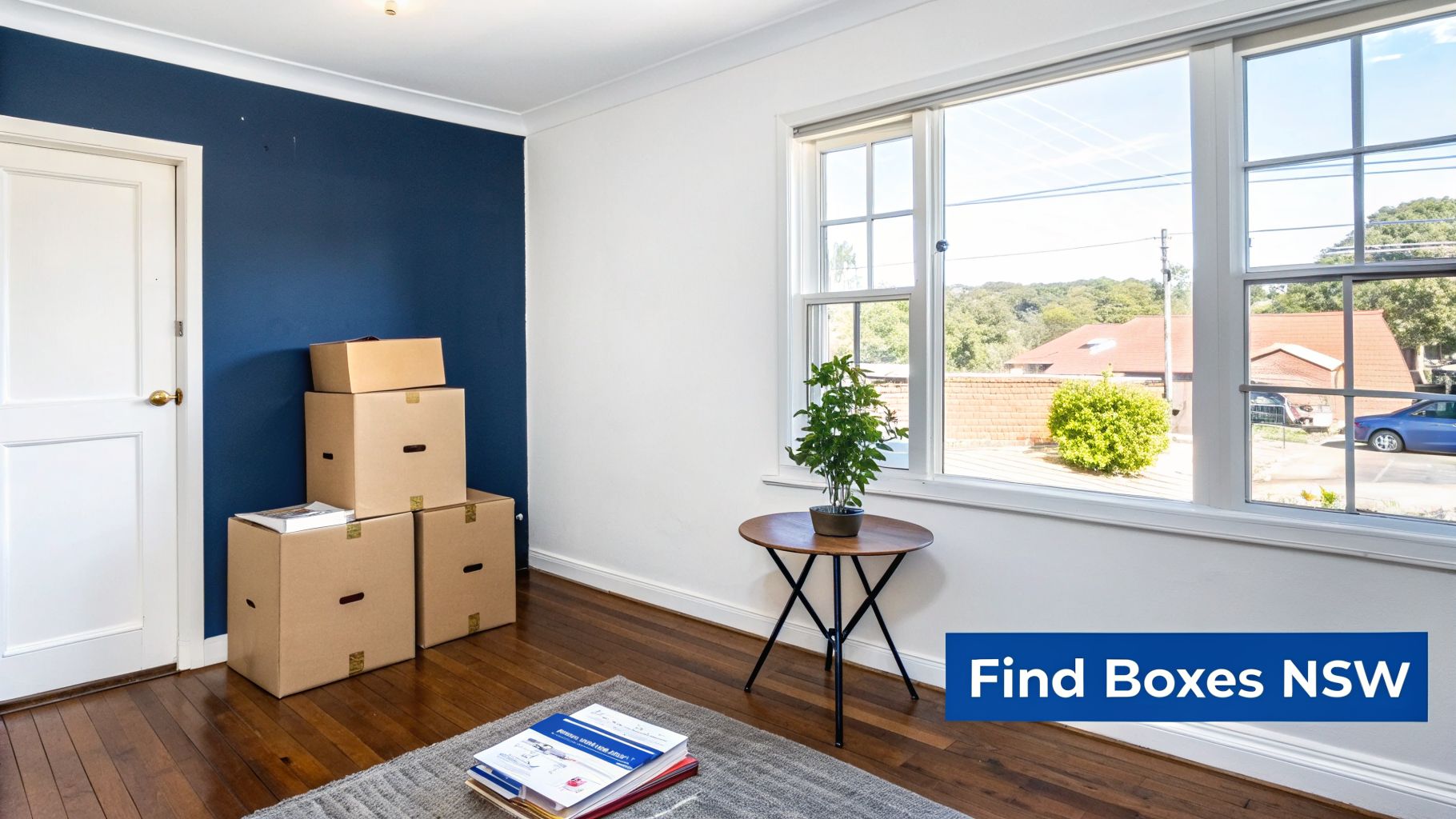 A bright, empty room with moving boxes, a small plant, and a large window.