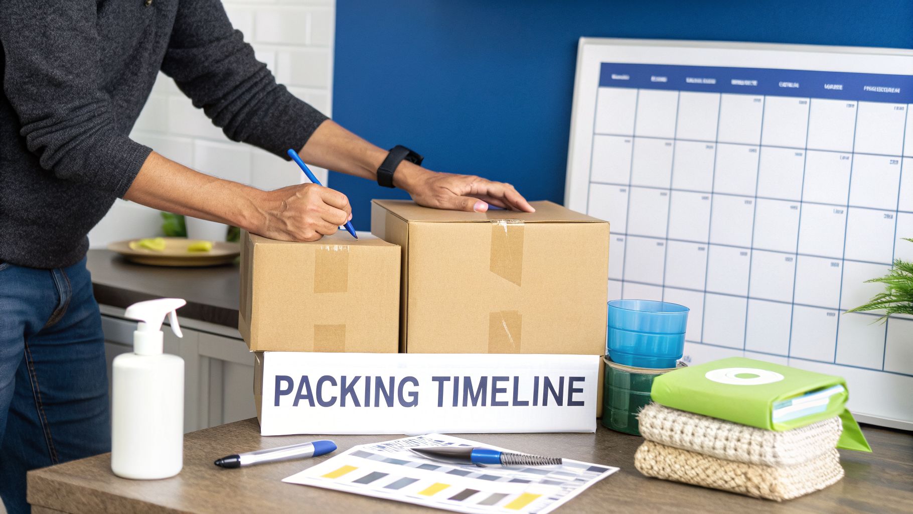 A person labels cardboard boxes on a desk with a 'Packing Timeline' sign, preparing for a move.
