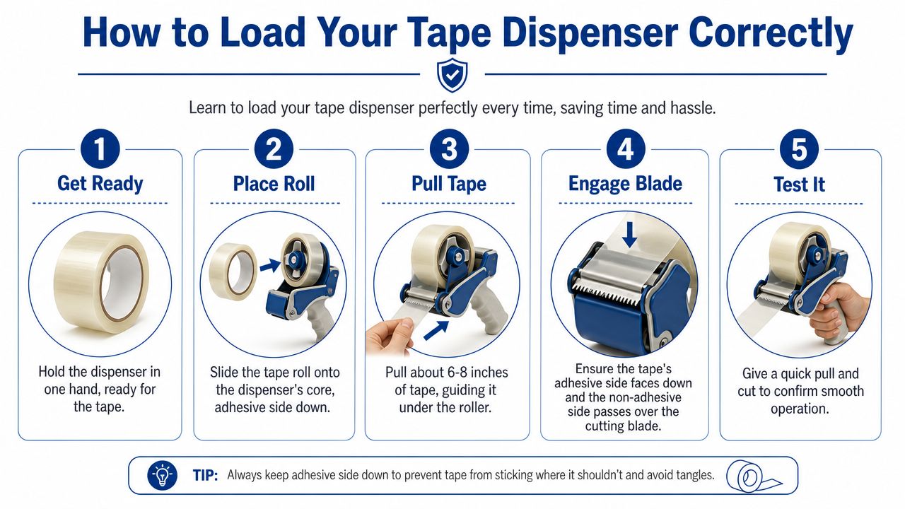 A five-step infographic guide demonstrating how to correctly load a handheld tape dispenser for packaging and moving.