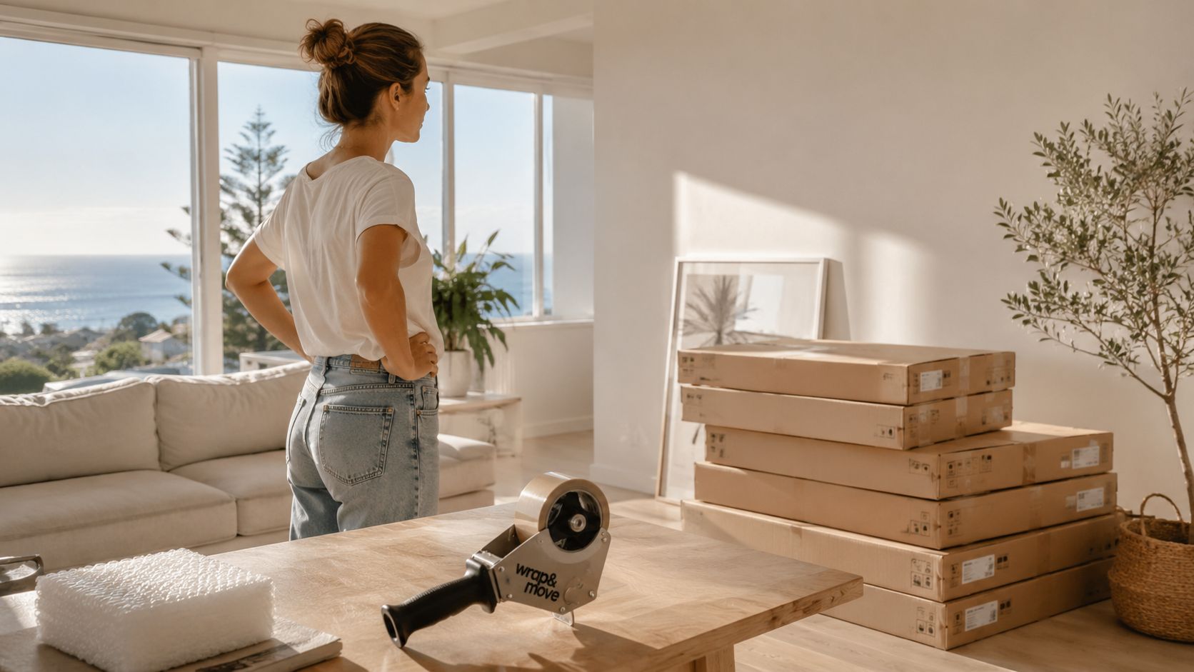 A woman stands looking out a large window near a stack of cardboard boxes and packing tape.