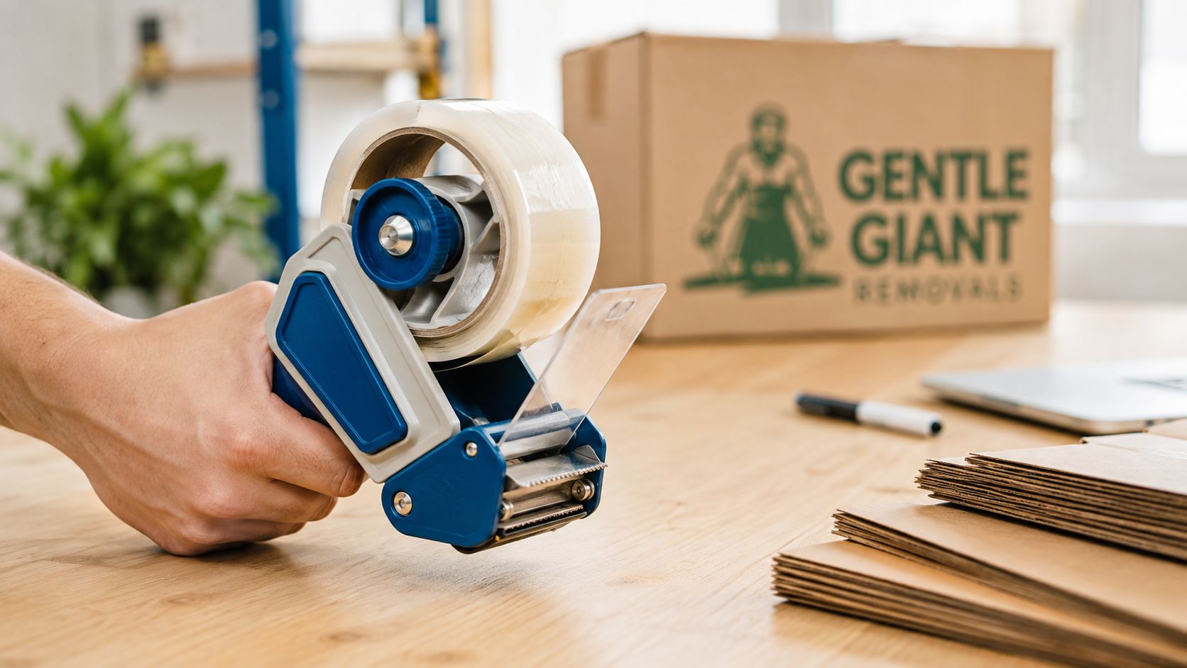 A close-up of a person's hand holding a blue tape dispenser for packing boxes with a moving company logo in the background.