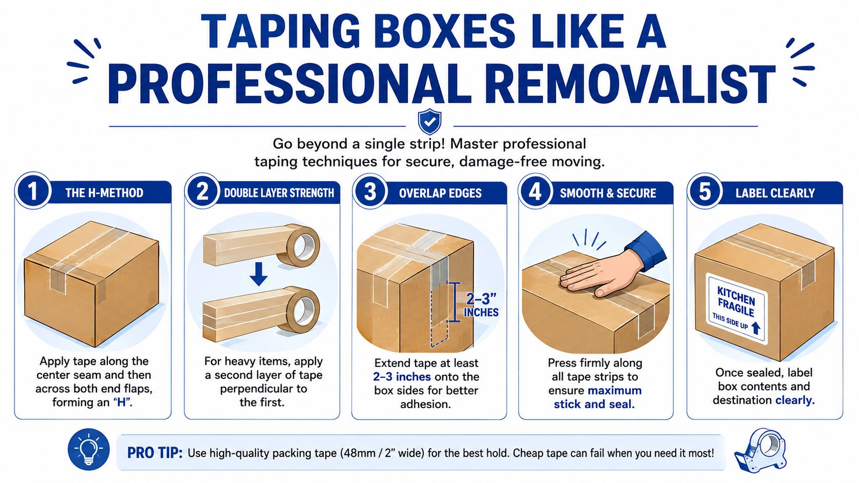An instructional infographic demonstrating five professional steps for securely taping moving boxes for relocation.