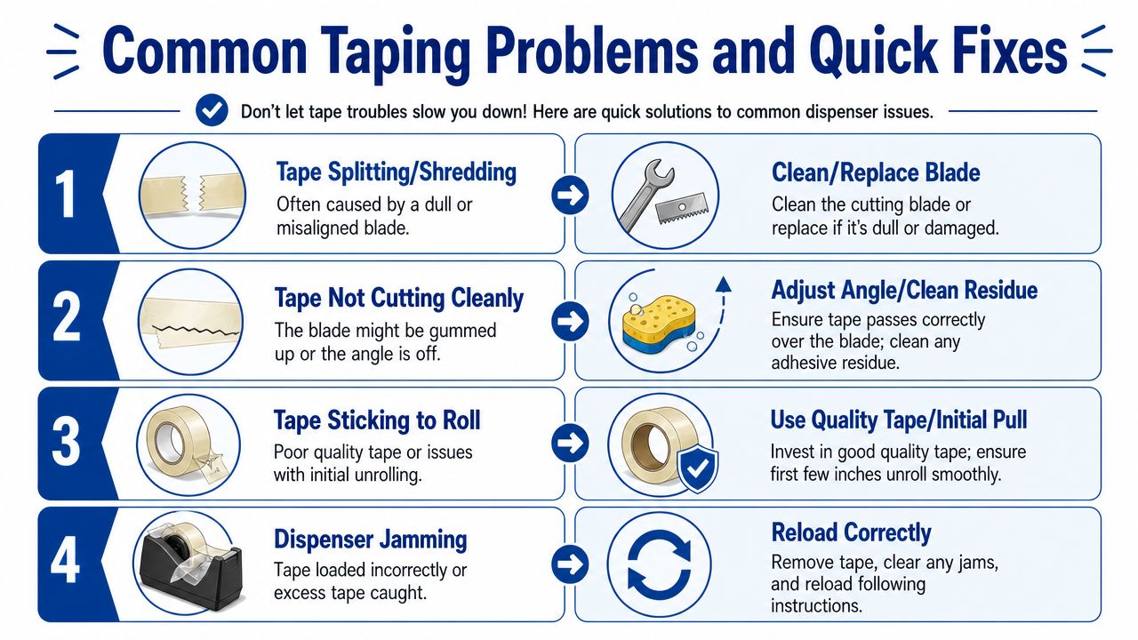 A helpful infographic outlining four common tape dispenser problems and their respective quick solutions for effective repairs.